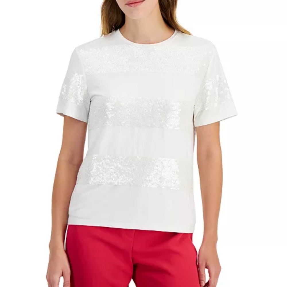 Anne Klein Klein Womens Short Sleeve Sequin Stripe T Shirt White Size XL